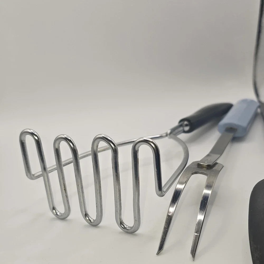 EKCO Utensil Set Masher Meat Fork Spoon‎ Black Blue Stainless Steel Plastic